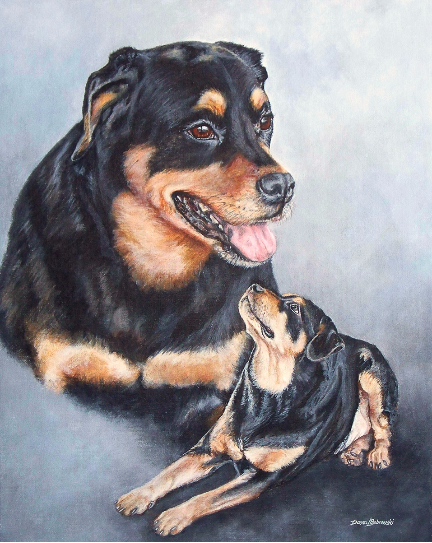 An acrylic  painting of Rottweilers  by Pet Portrait artist  Donna Bobrowski.